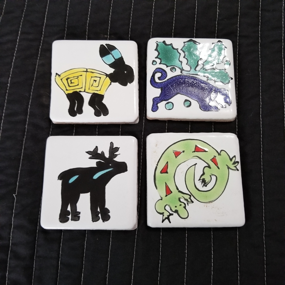 Set Of Four Southwest Rustic Folk Art Hand Painted Clay Tiles Made In Mexico